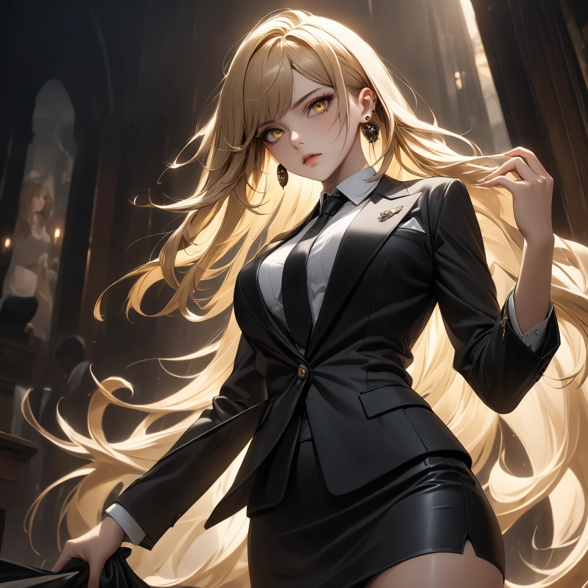 ((extreme quality)), ((Masterpiece)), ((Enrich the picture,Masterpiece level quality)), golden hair, curtainbangs, medium breasts, golden eyes, fierce woman, ultra eyes details, RAW 4K, Realistically , ((great effect to highlight the subject)) , ( cinematic lighting, moody, textile shading), perfect proportions, ultra detailed, volumetric lighting, soft lighting, glossy skin, beautiful face, Special face details, strong emotions, elegant gesture, Detailed facial features, Long eyelashes, contrast, Incredible atmosphere, Fascinating setting, Haunting beauty , black mini skirt, sexy white shirt , mafia suit , necktie , mini black skirt , ear rings, steet fashion , mafia boss, มือล้วงสูท,