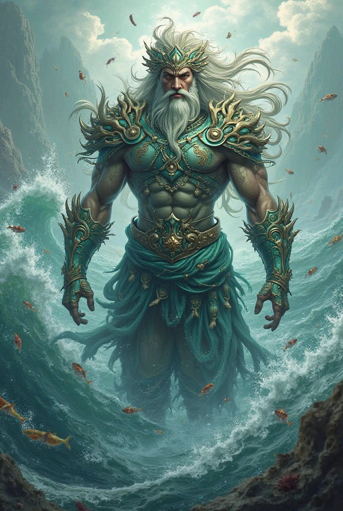 Poseidon, muscular, long beard, trident, crown, flowing robes, seaweed hair, glowing eyes, regal, ancient, dynamic,dramatic,cinematic,highly detailed,4k,realistic,photorealistic,professional lighting,chiaroscuro,dark,gritty,grunge,powerful,intense,epic