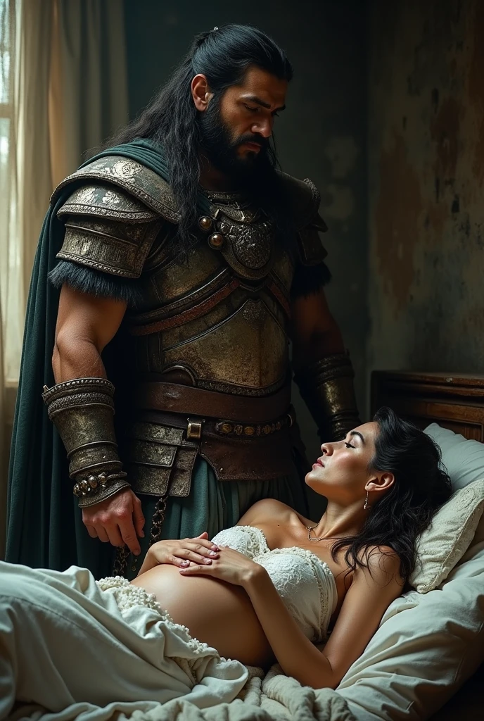 A medieval maid in white blonde maid's clothes and a brown woman with curly hair in warrior's clothes taking off her clothes in a romantic atmosphere in a medieval bedroom. They are in a sexual act