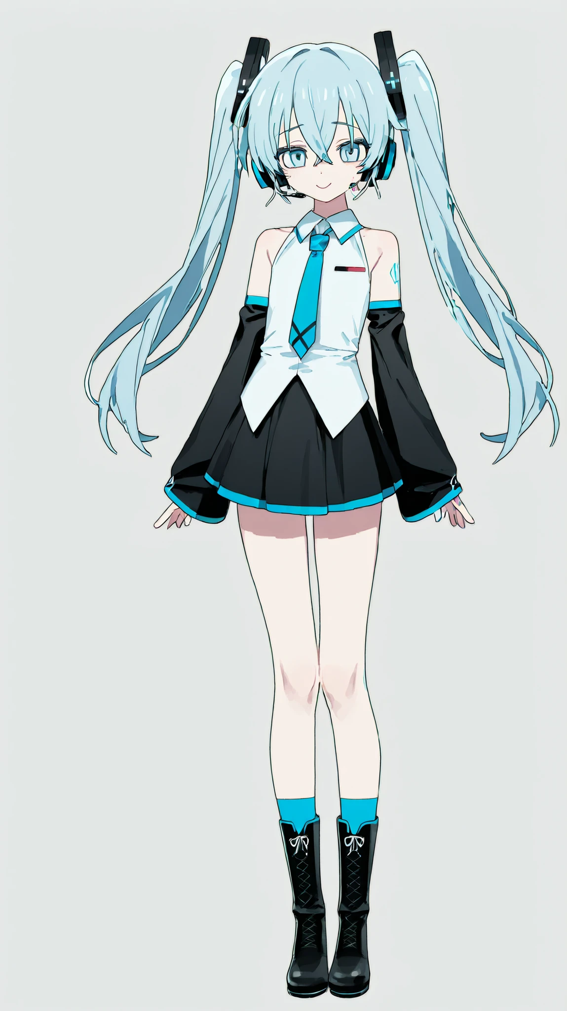 ,、stupid hair、light blue eyes、light blue hair、Crossed bangs、hair between eyes、hair ornament、headphones、long hair、TWIN TAILS、水色のtie、Black shoes、黒いskirt that crosses、Black sleeves、boots、襟付きshirt、sleeveless、グレーのshirt、tie、プリーツskirt that crosses、shirt、skirt that crosses、sleeveless、sleevelessshirt、サイハイboots、tieピン、1 person、erotic poses、look over here、Channel style、high image quality、1 personのキャラクター、depicts facial features well、 happy expression 、4K HIGH DEFINITION、