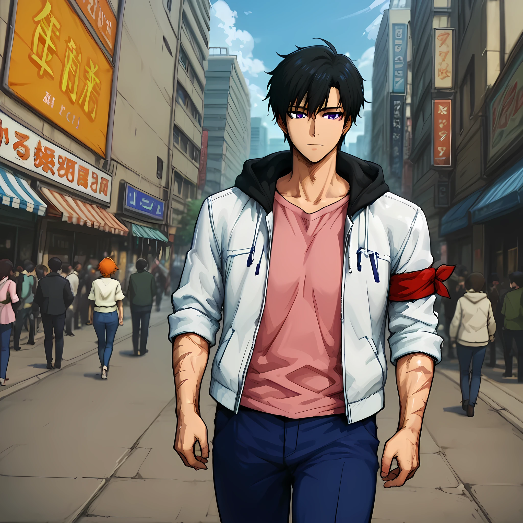 {Sung Jin-woo}:((1 man, man with a confident look, man with a toned body, man with a messy black hair and orange hair strands, ahoge hair, scars on arms, blue long pants, white jacket with black hood, cloth armbands, pink blouse under jacket, purple eyes)) | (Doujin hentai style Ano Danchi No Tsuma-tachi Wa... Animation), ((front angle, perfectly detailed scenery, better image quality, full HD, Japanese anime city, street of an anime city, several people walking around)).
