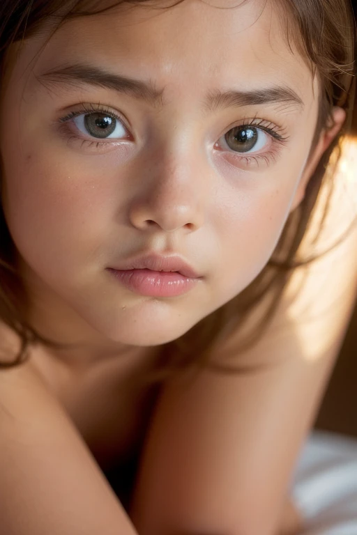 Portrait of a frightened nude 18yo Irish women laying in bed. Close up