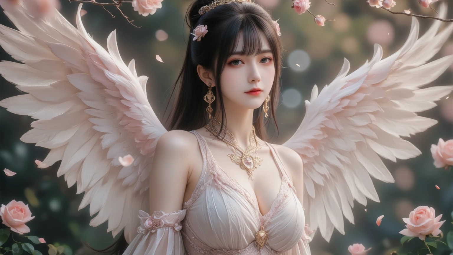 splash of color, Colorful flat colors , full bodyesbian , white backgrounid ,Unbeatable masterpiece, Ultra photo realsisim, Perfect artwork, Intricate details, Best quality, Strong light,High contrast, 1 girl,Solo, Teenage, pink dressmiddle breast, pairs of pink bird wings on head, Gold necklace, Simple background, full bodyesbian, Floating in the sky, looking at viewert, ((巨作)), ((Best quality)), ((highly-detailing)), (Detailed face), (offcial art),