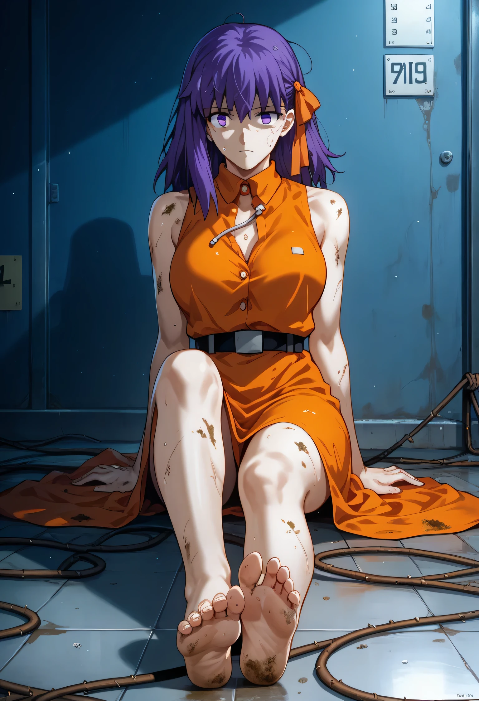 Sakura Matou, fate stay night: heaven's feel, a girl with. white skin, voluptuous body, beautiful body, purple hair (long, loose, and messy hair), purple eyes, (((wearing a short, sleeveless, maximum security inmate orange dress with the ID number: inmate: M13195 engraved on the chest))), ((maximum security prison recreation yard with large walls with barbed wire and watchtowers in a dirty and old state, and with an unpaved floor))), (((sitting on the floor facing forward with her legs stretched forward, raised and apart, focusing on her feet and the soles and toes))), (full body), (barefoot), (resigned mood), (tense and hot atmosphere), sunny day, (heat), ((dirty)), ((sweating)), (gloomy and depressing place)