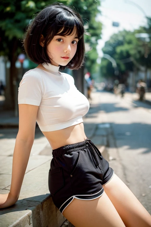 ((Backwards:1.8, Point your ass to the camera:1.8)), (((White shorts:2.0, See-through:1.3))), (((Long black T-shirt:2.0, White shorts:2.0, See-through:1.5))), ((Modern city:1.8)), ((A grin:1.3, Short Hair:1.2, slender:1.5, Small Ass:1.5)), ((1 Girl, 18-year-old, 7 heads, Ideal body proportions, Black Hair, With bangs, Small breasts, Erect nipples, slender, Small Ass, Beautiful feet, Skinny Legs)), Surrealism, Cinematic Lighting, Depth of written boundary, First Person View, F/1.8, 135mm, Ticker, Mastepiece, Curate, ((Anatomically correct:1.3)), Textured skin, Super Detail, High detail, High quality, Awards, Best Quality, High resolution, 8K