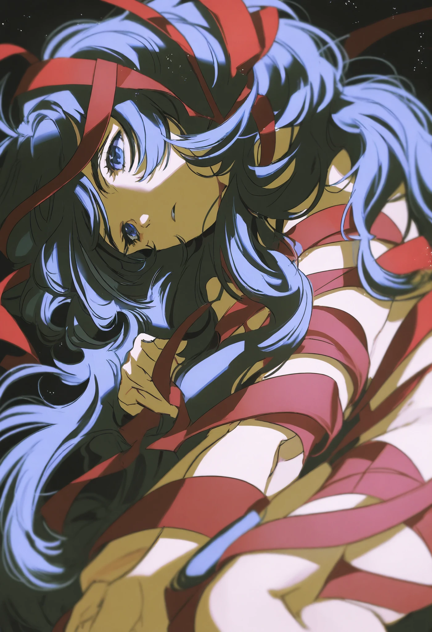 oung girl,blue eyes,black super long messy hair,dark red ribbon wrapped around black background,cool,The golden light particles are handsome,long flowing hair,Hair,lie down,Bend your legs