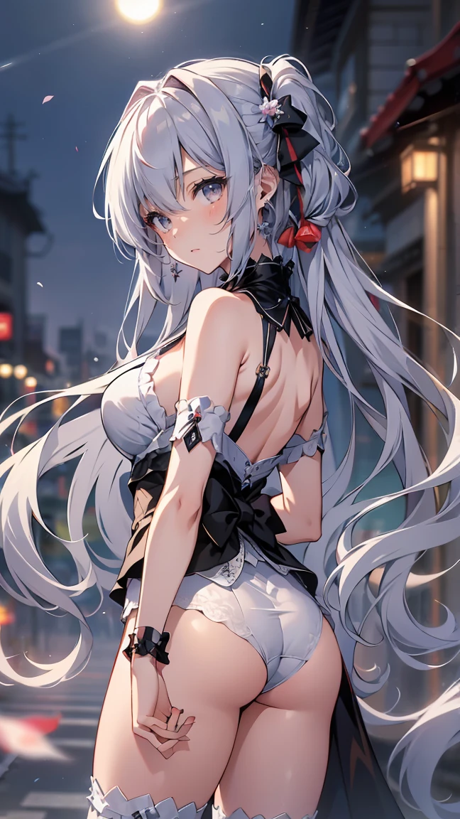 ((((Obra maestra, La mejor calidad, ultrahigh resolution)))), 1girl, standing, (cute maid costume), ((long pure silver hair and grey mesh hair, hair over eye)), long hair cut, pale skin, ((red eyes)), glowing_eyes, neon eyes, (ultra detailed eyes:0.7, beautiful and detailed face, detailed eyes:0.9), ((centered)), smile, ((wide shot)), facing viewer, ((vibrant background, bright lighting, summer, sunlight)), flat chested, looking at viewer, ((half closed eyes)), ((perfect hands)), (((head:1, arms, hips in view, elbows, arms, legs, in view))), ((hands behind back)), empty eyes, beautiful lighting, ((outside, outdoors)), defined subject, head tilt, (((gritty)), ((creepy)), ((cool)), ((beautiful)), (((SFW)))