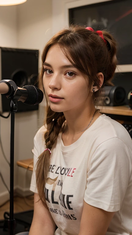Beautiful girl is playing the piano. Ela tem ohos verdes, cabelos pretos e lisos, pele branca, rosto bem definido estilo nerd. She is wearing a small red shirt and her hair is tied up..