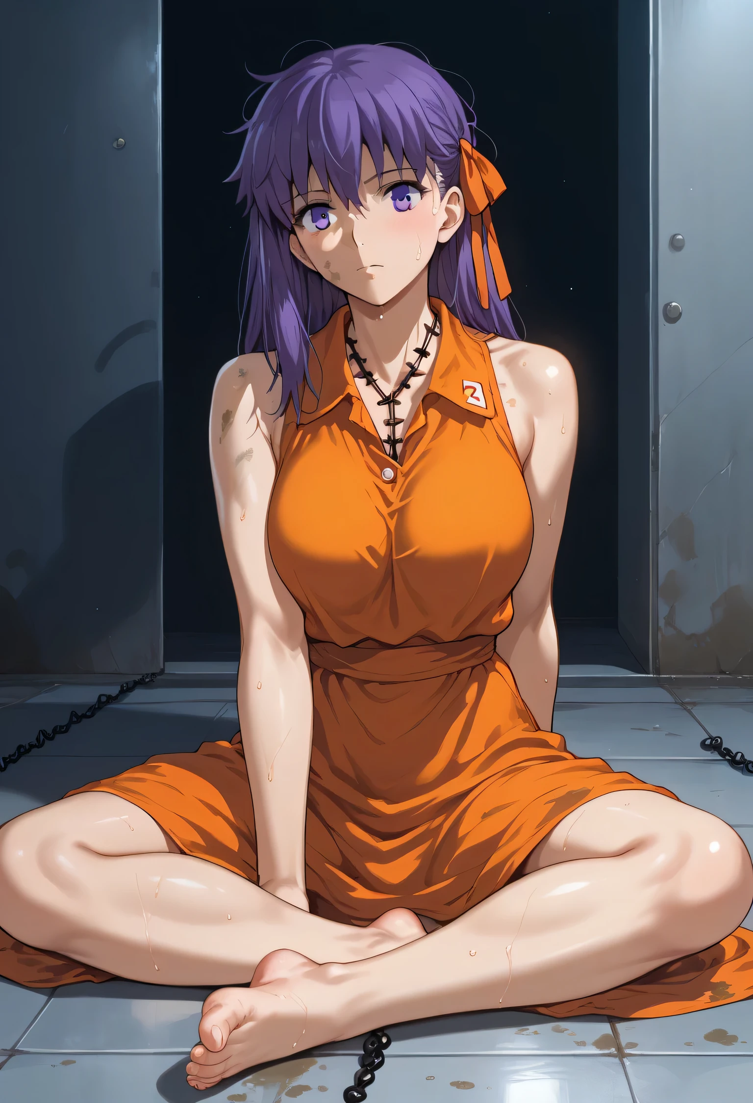 Sakura Matou, fate stay night: heaven's feel, a girl with. white skin, voluptuous body, beautiful body, purple hair (long, loose, and messy hair), purple eyes, (((wearing a short, sleeveless, maximum security inmate orange dress with the ID number: inmate: M13195 engraved on the chest))), ((maximum security prison recreation yard with large walls with barbed wire and watchtowers in a dirty and old state, and with an unpaved floor))), (((sitting on the floor facing forward with her legs stretched forward, raised and apart, focusing on her feet and the soles and toes))), (full body), (barefoot), (resigned mood), (tense and hot atmosphere), sunny day, (heat), ((dirty)), ((sweating)), (gloomy and depressing place)
