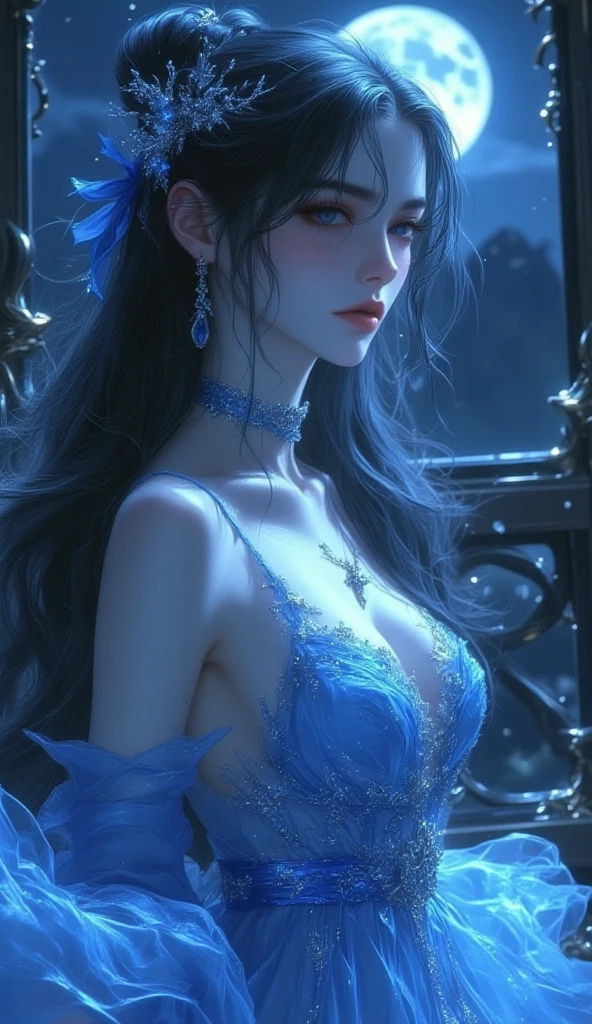 score_9, score_8_superior, score_7_superior, A masterpiece in 32K resolution,Highest quality,it is really amazing,Very detailed,Ultra-high resolution,Ultra-realistic,Realistic,Increased depth of field,Cinematic lighting,
Sexy Japanese Adult Women,
black straight medium hair,Ultra-detailed and beautiful face,Gentle expression,Translucent white skin,Realistic skin texture, sheer see-through Provocative Sexy Swimwear,
Bold design,Artistic design,Beautiful and detailed pattern,Detailed fabric texture,
Gorgeous necklace,Earrings,
Coastline at night,Giant Moon,Dark clouds floating in the dark night sky,
High angle,