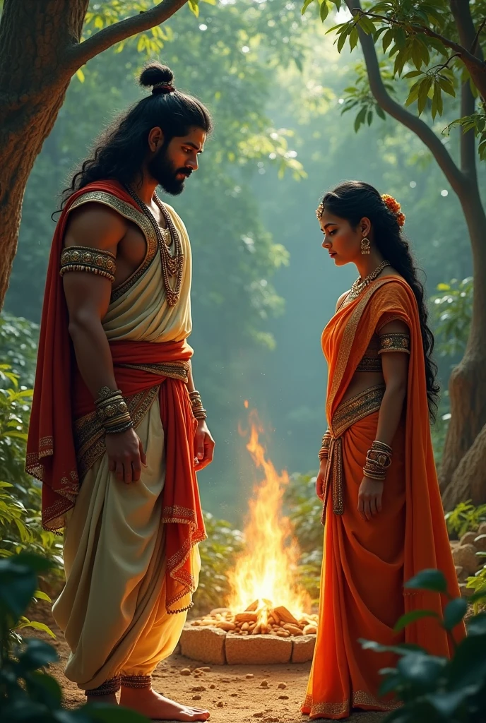 a painting of a man and woman sitting on a rock in the woods, inspired by Thota Vaikuntham, by Thota Vaikuntham, from ramayan, fanart, vishnu, ashoka tano, by Daryush Shokof, official fanart, fan art, corrected, inspired by Raja Ravi Varma, trending on devianart
