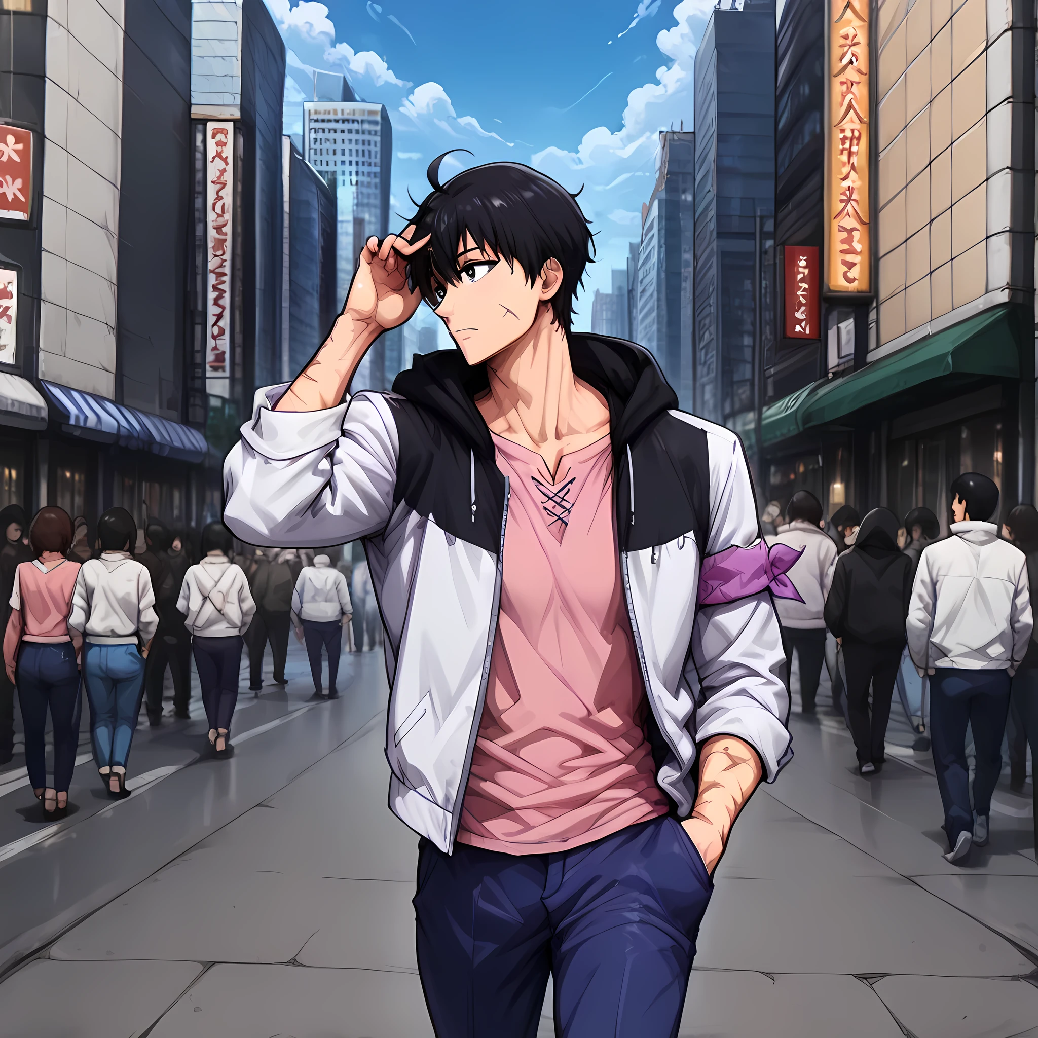 {Sung Jin-woo}:((1 man, looking to the side, while scratching his hair, man with a confident look, man with a toned body, man with messy black hair with purple strands at the ends, ahoge hair, scars on arms, blue long pants, white jacket with black hood, cloth armbands, pink blouse under jacket, purple eyes):1.2) | (Doujin hentai style Ano Danchi No Tsuma-tachi Wa... Animation:1.2), ((front angle, perfectly detailed scenery, better image quality, full HD, Japanese anime city, street of an anime city, several people walking around)).