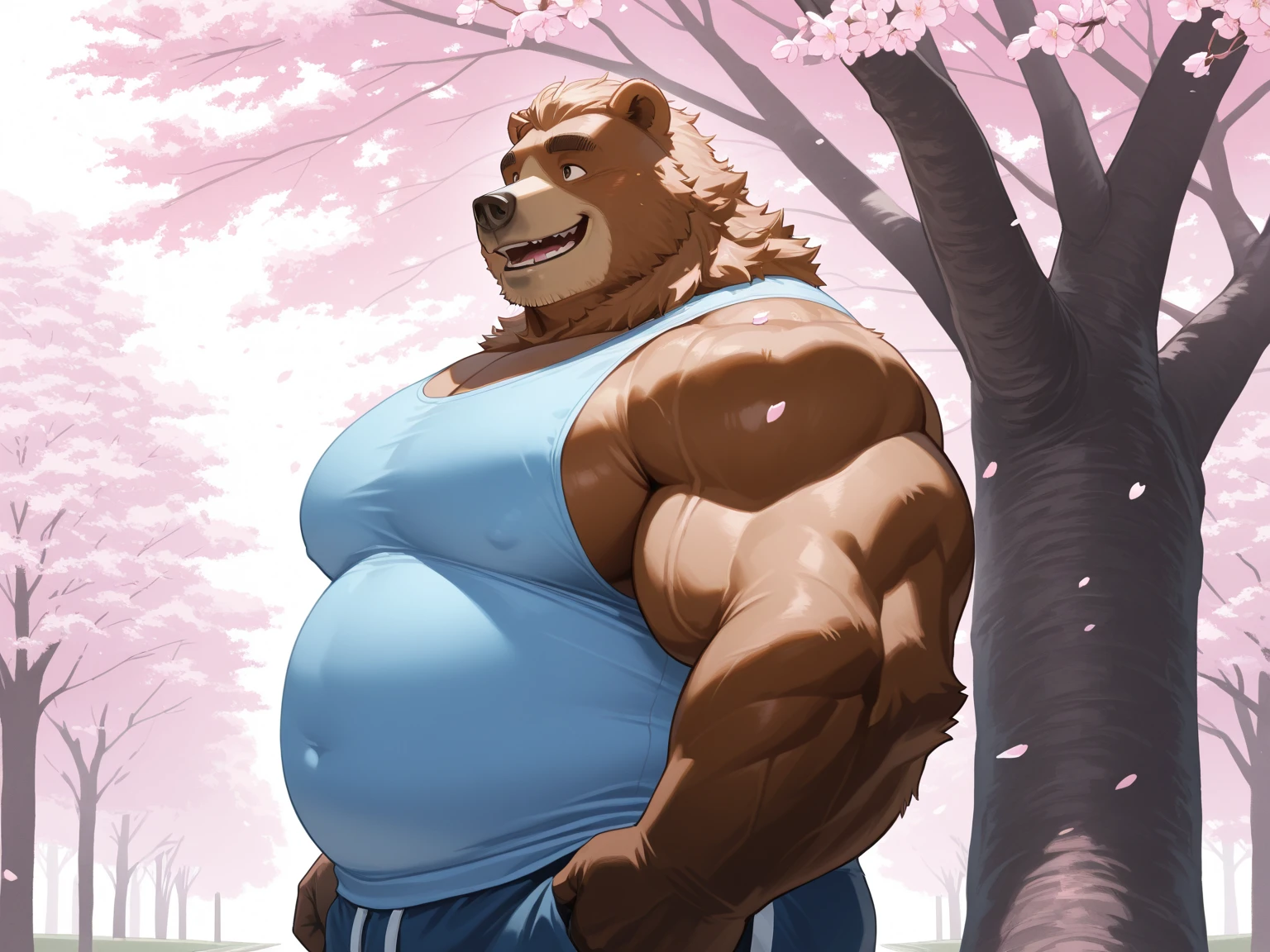 ((by wfa,by gakujo,by laser)), A fat bear working at a construction site。A white tank top stained with dirt and mud。Sweaty。Large male chest。He looks at me and smiles.。bulge