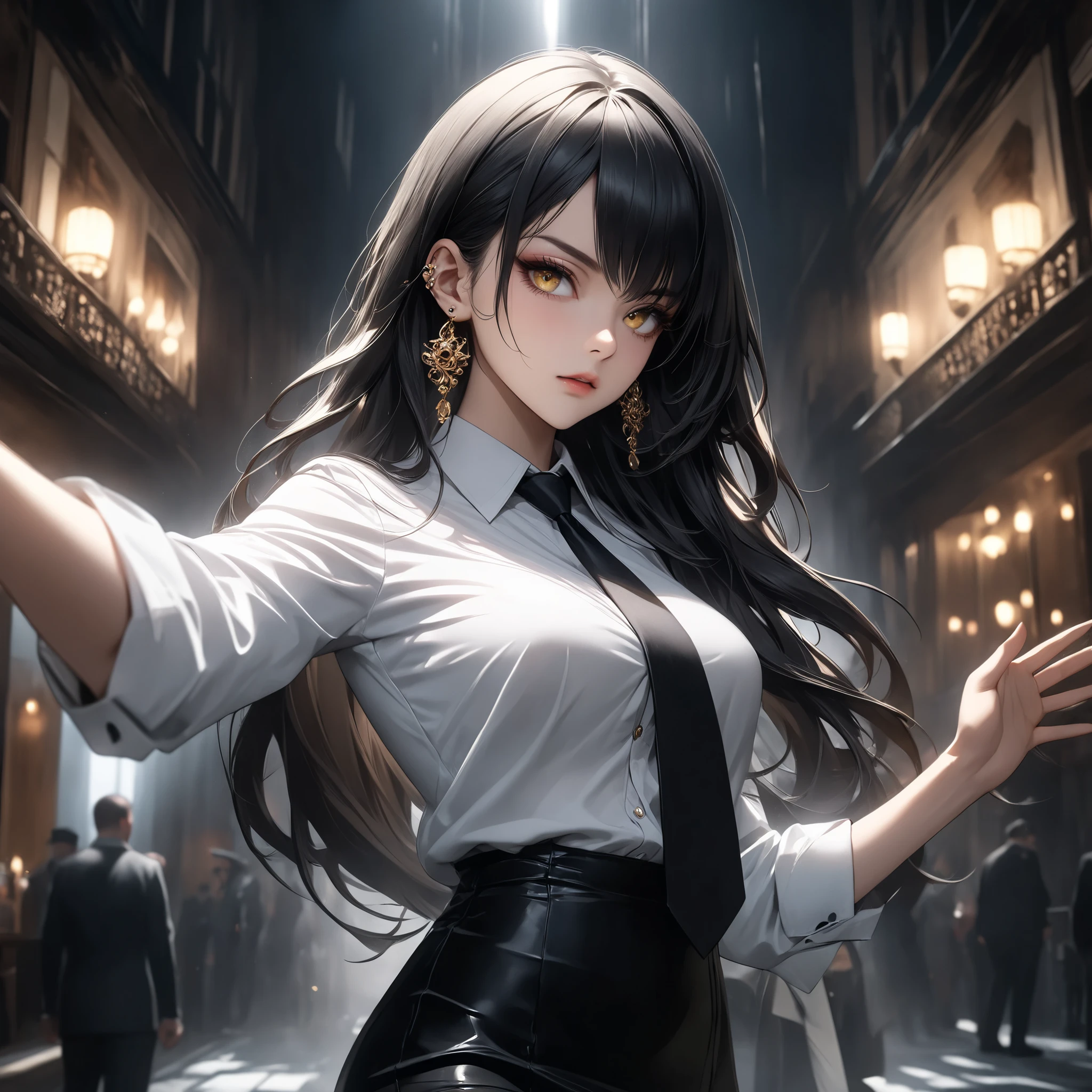 ((extreme quality)), ((Masterpiece)), ((Enrich the picture,Masterpiece level quality)), black hair, long hair, medium breasts, golden eyes, fierce woman, ultra eyes details, RAW 4K, Realistically , ((great effect to highlight the subject)) , ( cinematic lighting, moody, textile shading), perfect proportions, ultra detailed, volumetric lighting, soft lighting, glossy skin, beautiful face, Special face details, strong emotions, elegant gesture, Detailed facial features, Long eyelashes, contrast, Incredible atmosphere, Fascinating setting, Haunting beauty , black mini skirt, sexy white shirt , mafia suit , necktie , mini black skirt , ear rings, steet fashion , mafia boss,
