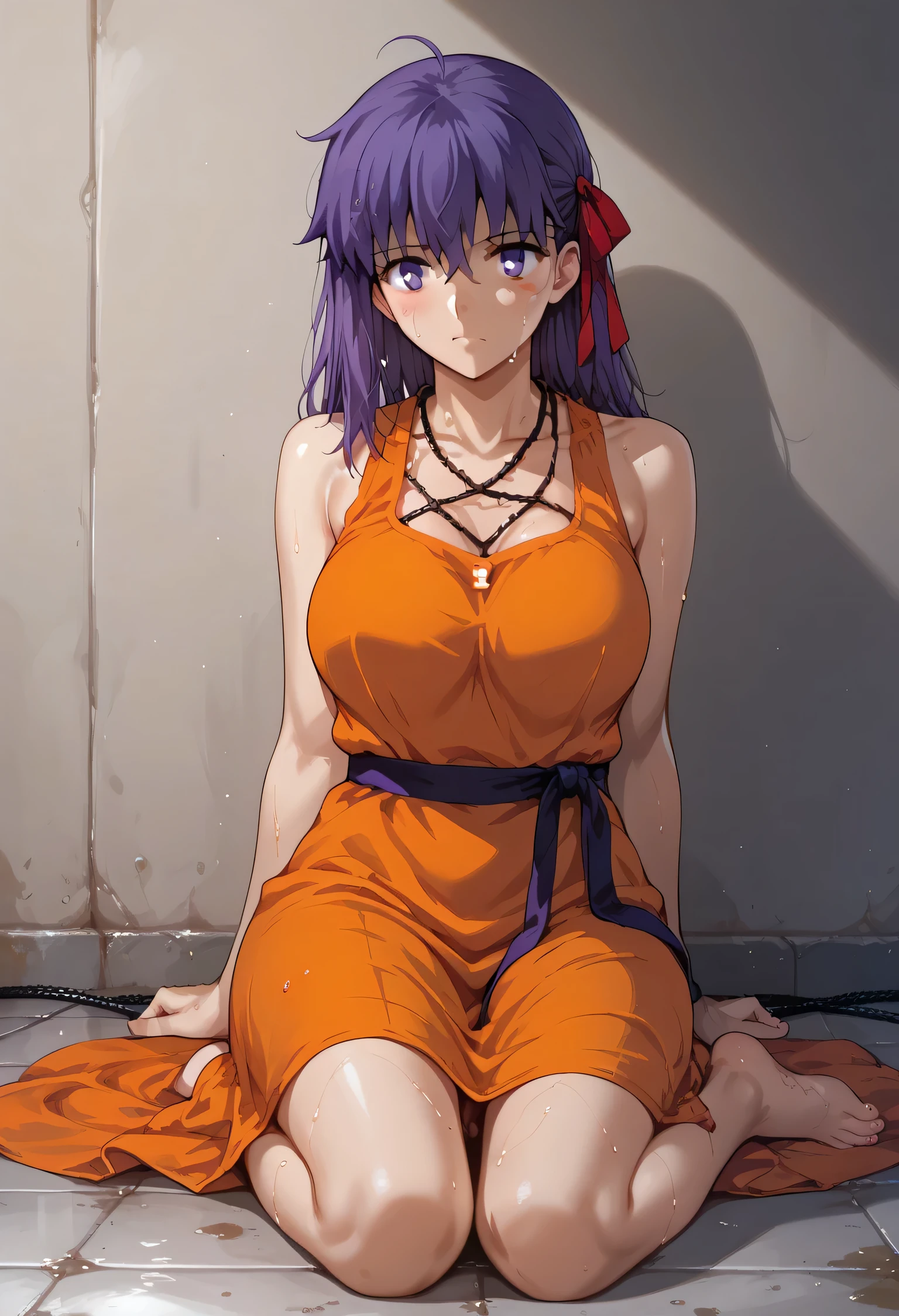 Sakura Matou, fate stay night: heaven's feel, a girl with. white skin, voluptuous body, beautiful body, purple hair (long, loose, and messy hair), purple eyes, (((wearing a short, sleeveless, maximum security inmate orange dress with the ID number: inmate: M13195 engraved on the chest))), ((maximum security prison recreation yard with large walls with barbed wire and watchtowers in a dirty and old state, and with an unpaved floor))), (((sitting on the floor facing forward with her legs stretched forward, raised and apart, focusing on her feet and the soles and toes))), (full body), (barefoot), (resigned mood), (tense and hot atmosphere), sunny day, (heat), ((dirty)), ((sweating)), (gloomy and depressing place)