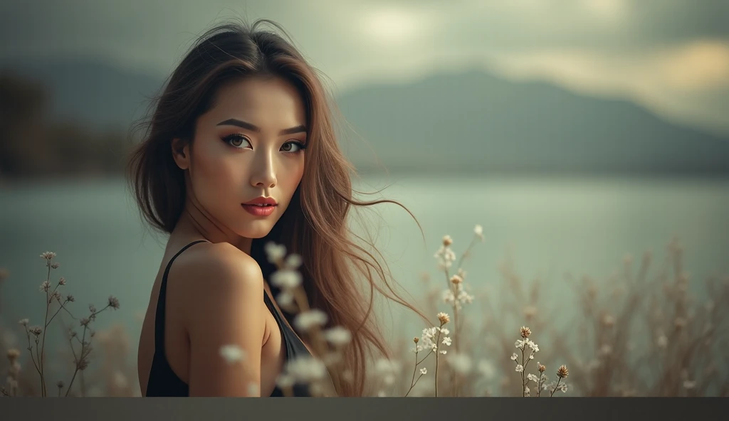 asian girl, cabello corto negro, mirada cautivadora, labios torneados, figura delgada, realista, HD, 8k hiperealismo posando en paisaje noche placentera