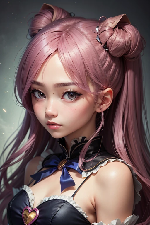 (masterpiece, best quality, 1girl, solo, intricate details, chromatic aberration), realistic, ((medium breath)),long hair, pink hair, red head ornament, pink highlights, hair over one eye,purple eyes, earrings, sharp eyes, choker, neon shirt, open jacket, crop top, (symmetry eyes),(perfect symmetrical body),against wall, brick wall, graffiti, dim lighting, alley ,look at viewer