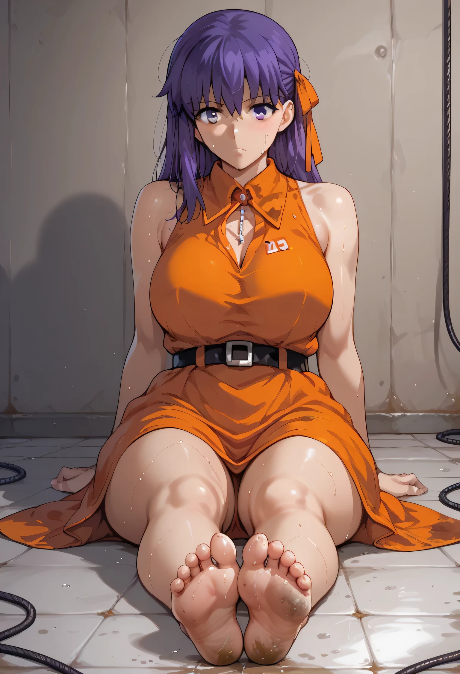 Sakura Matou, fate stay night: heaven's feel, a girl with. white skin, voluptuous body, beautiful body, purple hair (long, loose, and messy hair), purple eyes, (((wearing a short, sleeveless, maximum security inmate orange dress with the ID number: inmate: M13195 engraved on the chest))), ((maximum security prison recreation yard with large walls with barbed wire and watchtowers in a dirty and old state, and with an unpaved floor))), (((sitting on the floor facing forward with her legs stretched forward, raised and apart, focusing on her feet and the soles and toes))), (full body), (barefoot), (resigned mood), (tense and hot atmosphere), sunny day, (heat), ((dirty)), ((sweating)), (gloomy and depressing place)