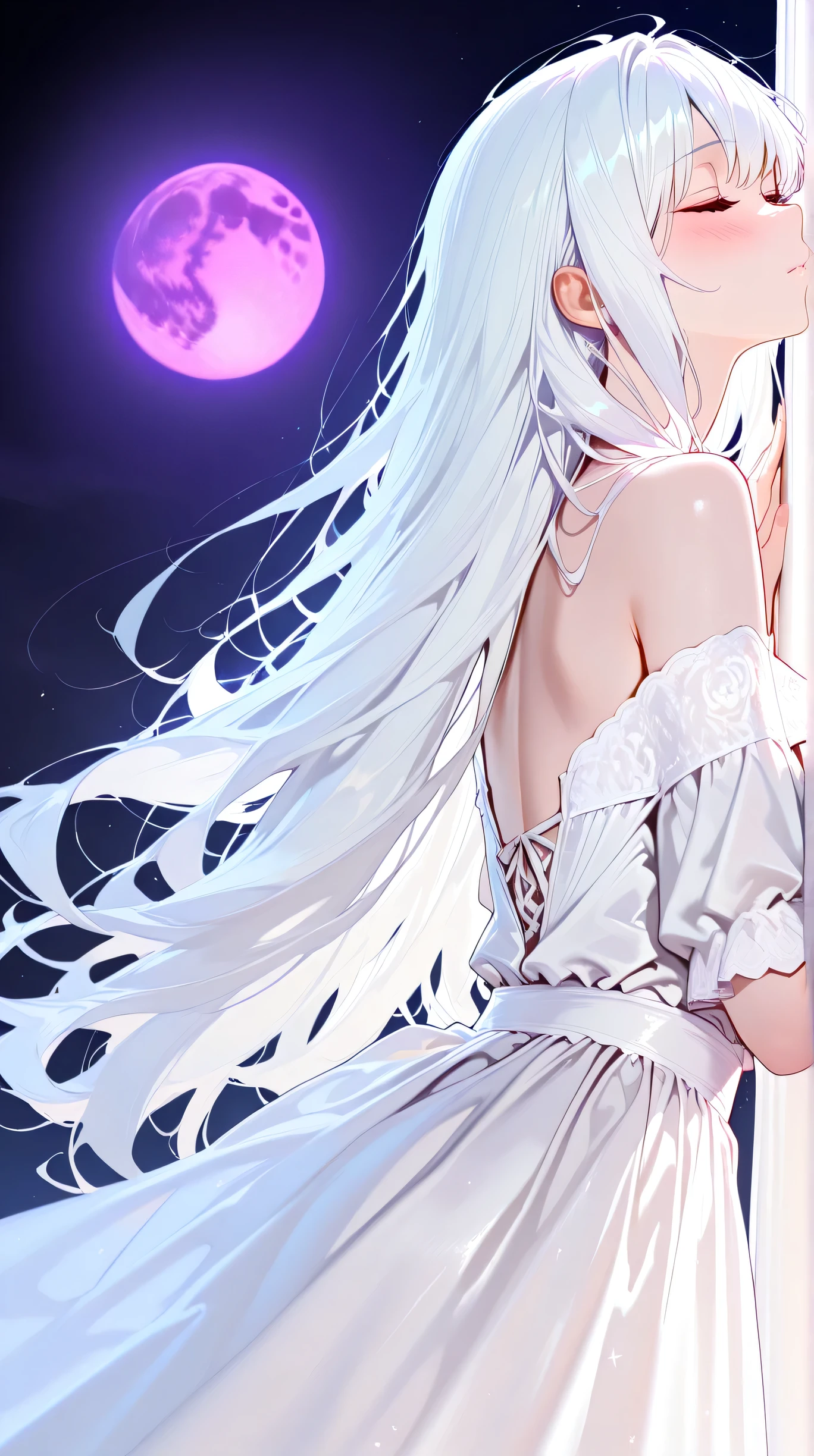 Masterpiece, Best Quality, Top Quality, Very Detailed, 1 girl, The ethereal girls with long, silky white hair and soft pink blush, dressed in shimmering, off-shoulder white dresses that sparkle under the moonlight. She delicate expressions radiating serenity and warmth. A deep purple moon looms in the dark background, casting a mysterious glow over the scene. Her eyes are closed, Her faces gently touching, as if lost in a dream. The atmosphere is soft, dreamlike, and otherworldly, painted in a semi-realistic anime style with painterly strokes and delicate lighting. 