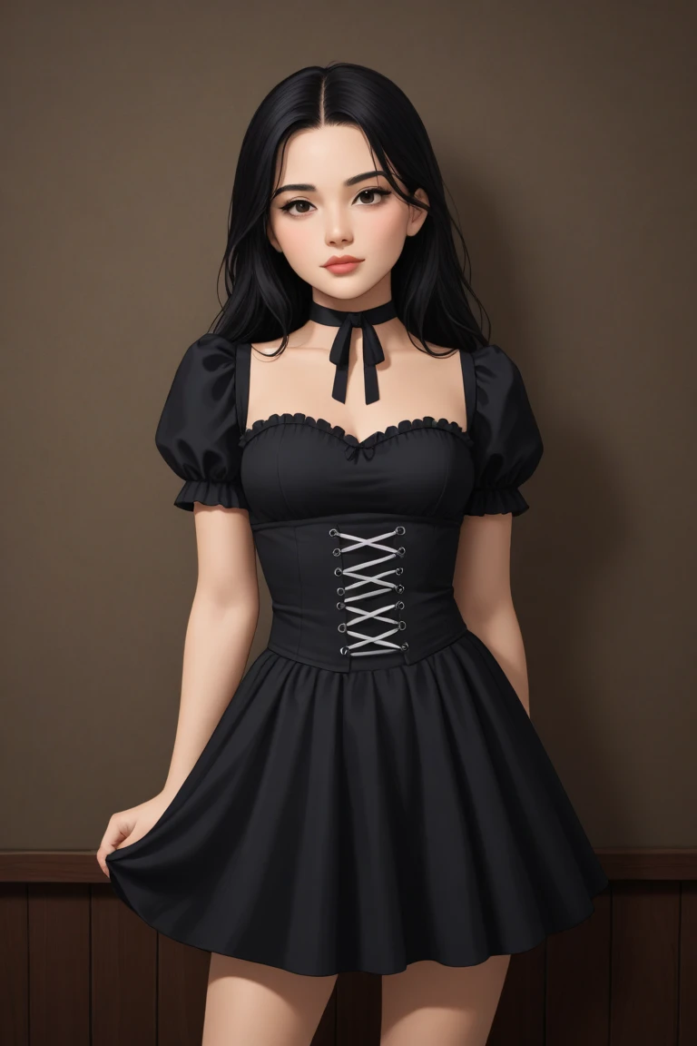 A sad woman (black umbrella, sheer black summer dress lots of black lace and embroidery, goth make up), sunny day, busy college campus
