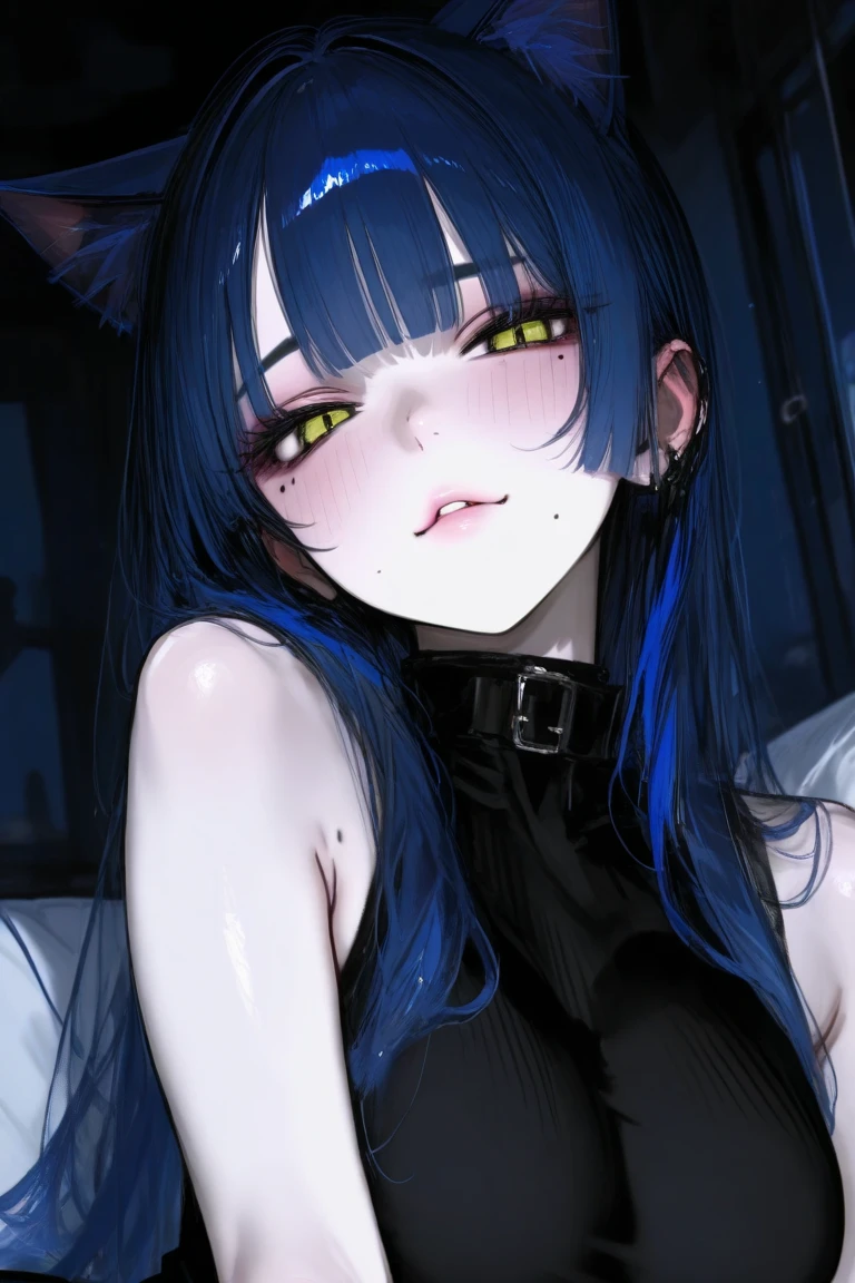 blue hair、Anime girl in black dress posing for camera, anime Girl with cat ears, anime style 4 k, beautiful anime cat girl, seductive anime girls, Very beautiful anime catwoman, cute anime cat girl, Anime cute art style, anime style. 8k, anime cat girl, Demon anime girl, guweiz, Girl with cat ears，Big breasts
