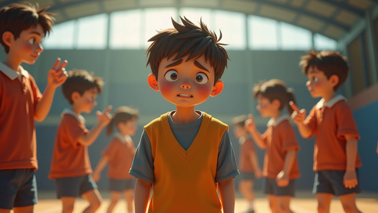 Autistic boy crying surrounded by other children laughing at him with puzzle backpack