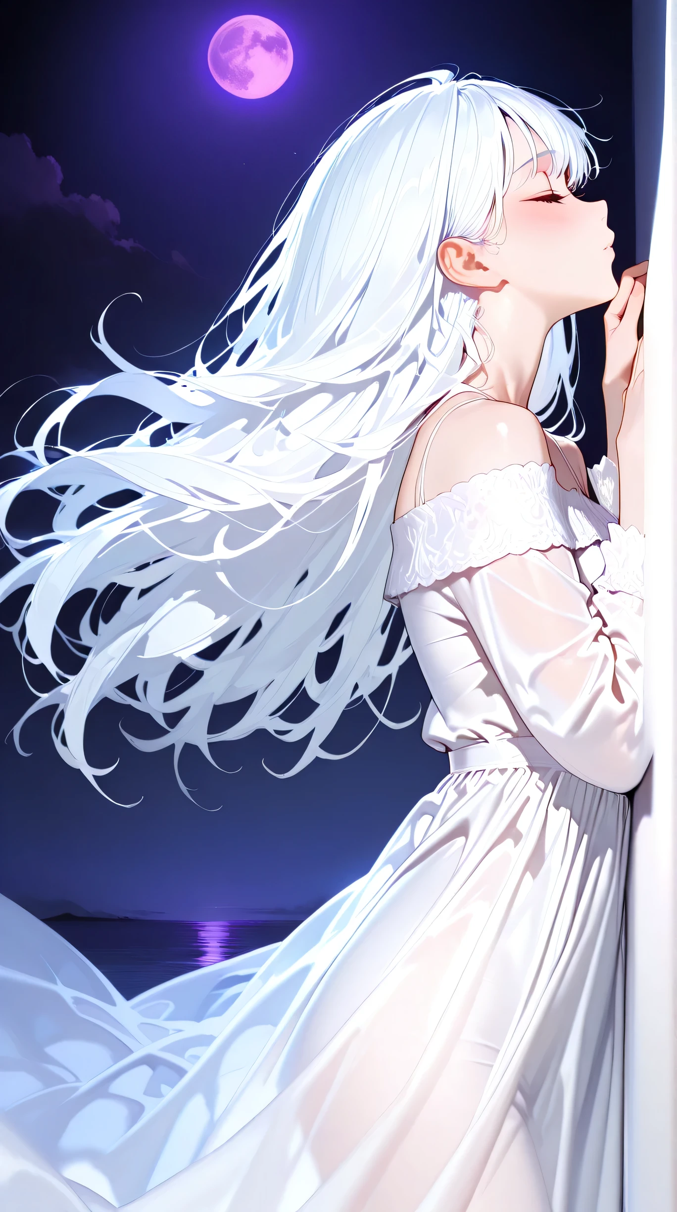 Masterpiece, Best Quality, Top Quality, Very Detailed, 1 girl, The ethereal girls with long, silky white hair and soft pink blush, dressed in shimmering, off-shoulder white dresses that sparkle under the moonlight. She delicate expressions radiating serenity and warmth. A deep purple moon looms in the dark background, casting a mysterious glow over the scene. Her eyes are closed, Her faces gently touching, as if lost in a dream. The atmosphere is soft, dreamlike, and otherworldly, painted in a semi-realistic anime style with painterly strokes and delicate lighting.