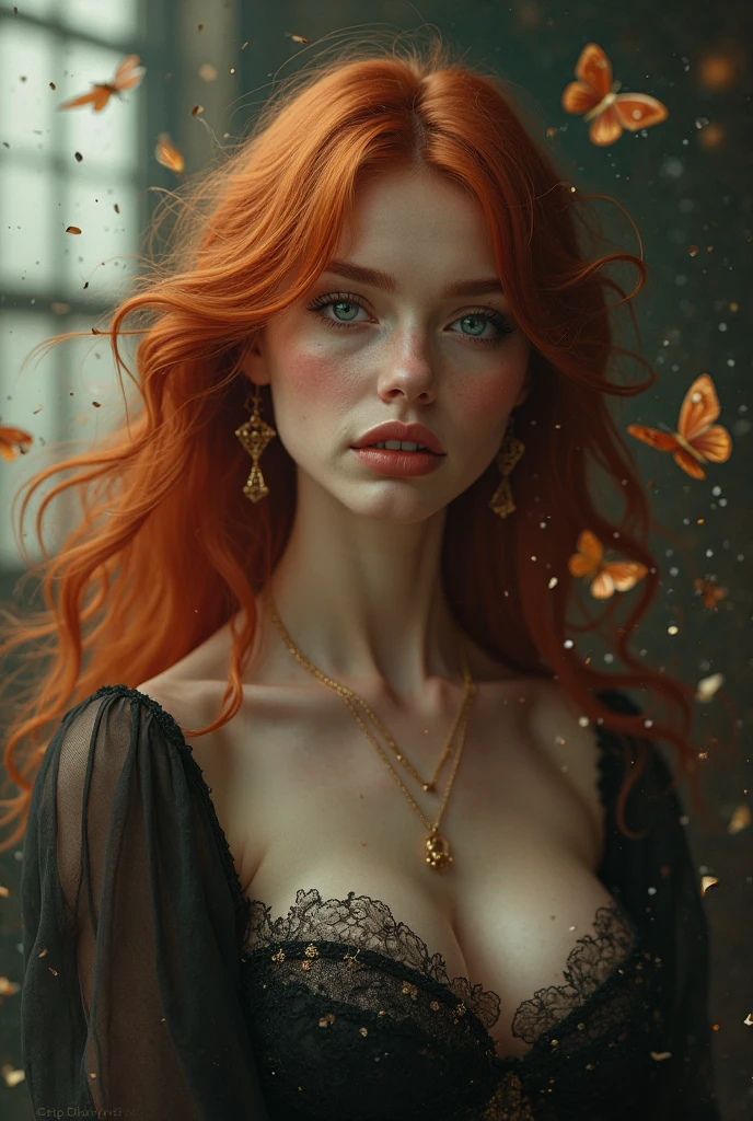 (solo, full body photo:1.3), (action packed:1.3), (haze, fog, mist:1.3), chiaroscuro, best quality, photorealistic, 1woman, (cute), (24yo:1.2), redhead, long ginger hair highly detailed, 1700'S, digital photography, art by artgerm and ruan jia and greg rutkowski surreal painting gold butterfly filigree, broken glass, (masterpiece, sidelighting, finely detailed Fashionable eyes: 1.2) (perfect oval large eyes that gazes at the viewer), beautiful detailed face, blue gorgeous perfect eyes, (blonde hair ponytail), (attractive young woman:1.3), (thick amazing hair), (seductive:1.1), (blushing:1.1)