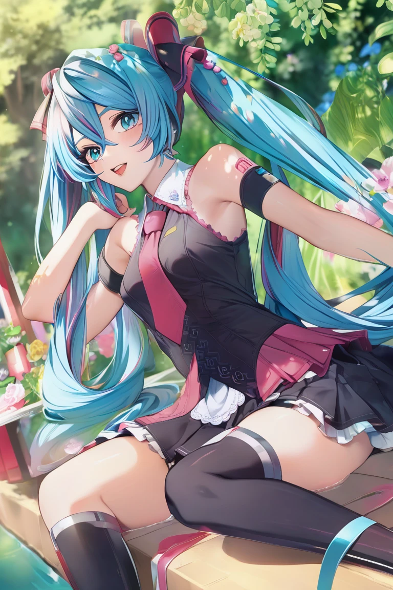 最high quality,table top,1 girl,(((hatsune miku))), Bright yellow eyes like jewels,green hair、ponytail,, magical little girl, Princess, adventurous girl, OK, smile、nymphomaniac, high heel boots, gloves, zettai ryouiki, earrings, natural otaku, moonlight,under the moon,At night,full body shot、masterpiece, high quality, High resolution, alone、(masterpiece:1.6、最high quality), (OK and beautiful eyes:1.2), 1 girl, Ocean、tropical beach、((black bikini))、perfect hands、blush、crossed legs,look up(masterpiece:1.6、最high quality), (OK and beautiful eyes:1.2), 1 girl, Report、perfect hands,((Peeking out from directly below))、(((shoot from below)))、turn your arms behind your back、be quiet, From above,lie,Ocean View、世界一の絶景なるOcean辺,Don&#39;do not interrupt prompt。半分Oceanに入っている、Oceanに浮かんでいる,m shinobu heart under blade