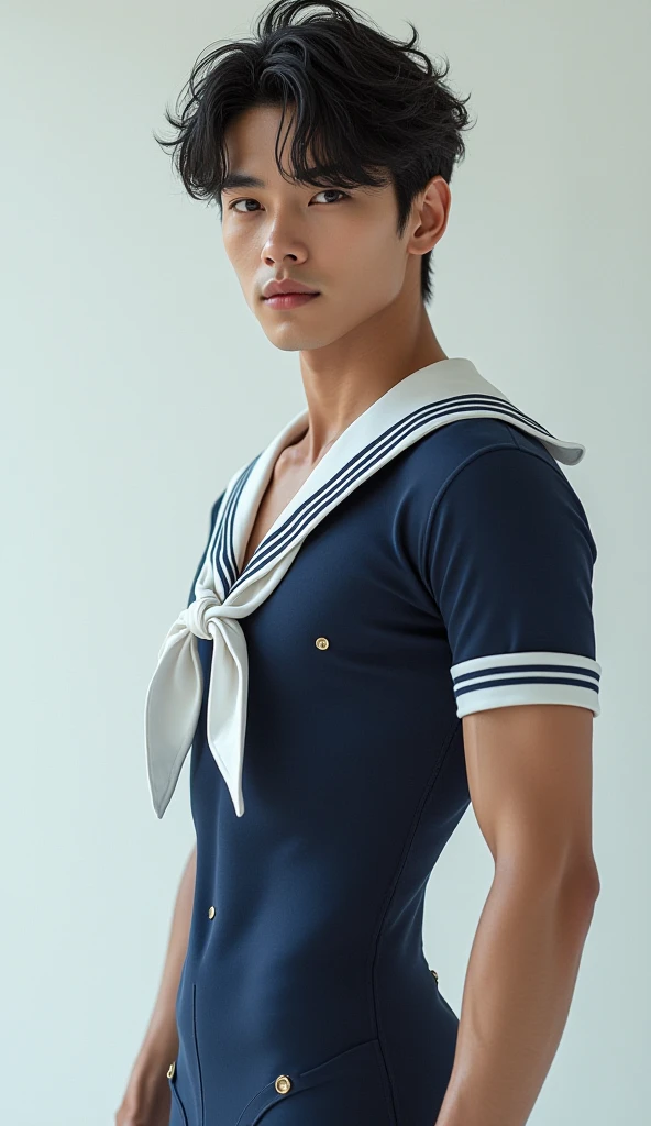 Muscle men wearing a sērā fukus outfit, dressing like sailor moon in latex, bow, choker, tiara , sailor unifor