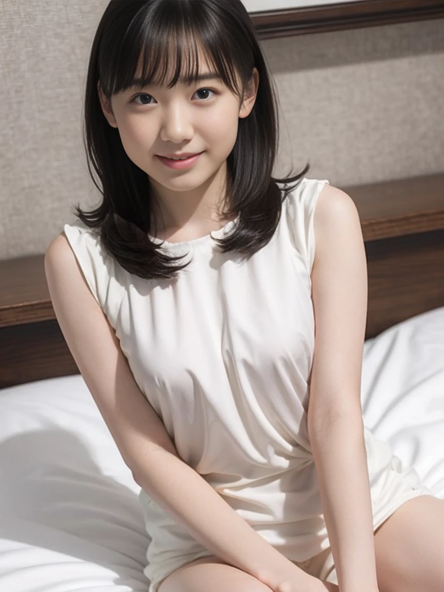 8K,masterpiece,Japanese,12-year-old girl,from the front,smile,Innocent face,Calm Eyes,semi-long,Black Hair,bright,On all fours,Large bed,Hotel,Night view,Wide open chest,barefoot,Underdeveloped,Sleeveless shirt,Shorts on the bed