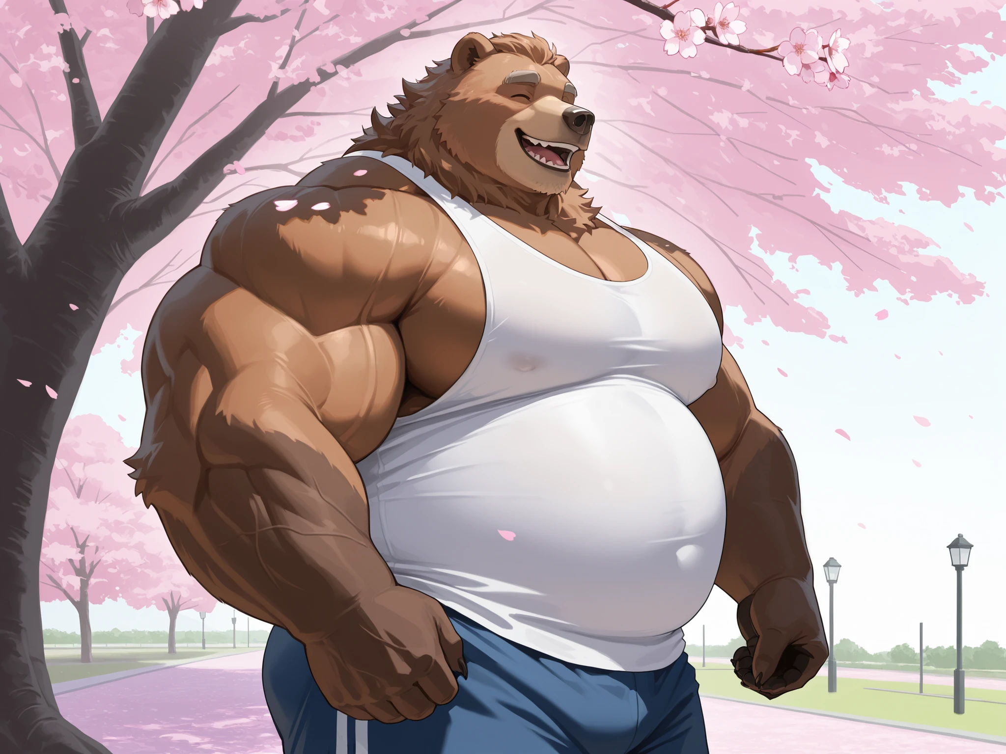 solo, old man, huge muscular, furry bear( grizzly bear, brown bear), fat, chubby, muscular man nude, park, shorts, tank top, standing, side view, looking cherry blossoms fall, huge tree in backgrond, in under Cherry Blossom tree, Cherry Blossom flower, (foreground cherry blossoms fall), smile, happy, windy, open eyes, detailed eyes, eyes, extremely detailed muscle, short hair), (huge pectoral, thick arms, wide pectoral, large pectoral, very huge arms), masterpiece, 8k, high detail, f/1.8, 135mm, Nikon, UHD, retina, masterpiece, curate, anatomically correct, textured skin, super detail, high details, high quality, best quality, highres, 1080P, HD, 4K, 8k