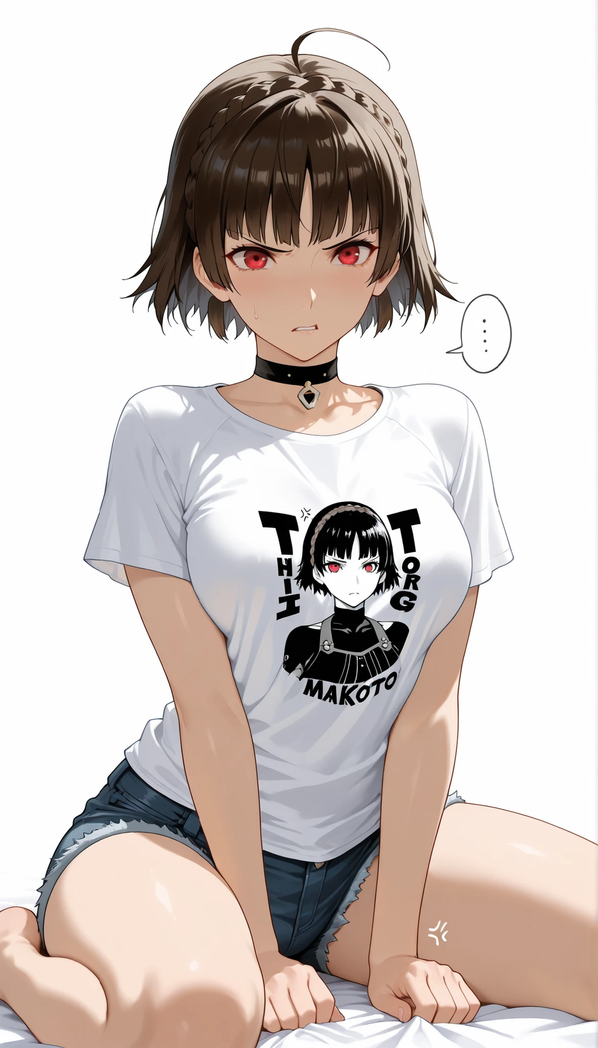 masterpiece,best quality,amazing quality,absurd,makoto niijima,red eyes,ahoge,striped hair,black hair,short hair,choker,anger veins,graphic t-shirt,denim shorts,black and white background,wariza