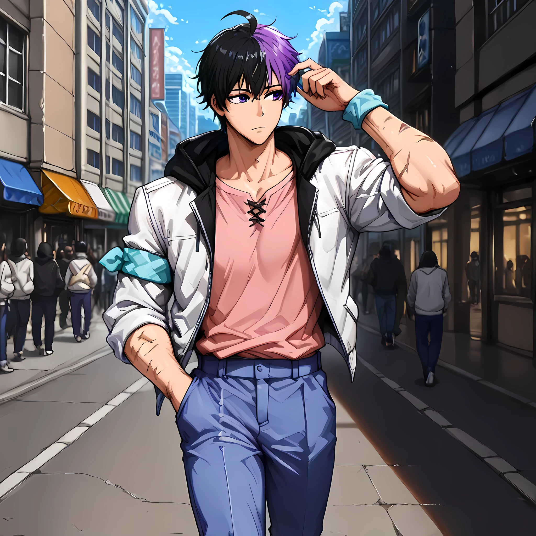 {Sung Jin-woo}:((1 man, looking to the side, while scratching his hair, man with a confident look)), ((dual color hair, man with a toned body, man with messy black hair with purple strands at the ends, ahoge hair, scars on arms, blue long pants, white jacket with black hood, cloth armbands, pink blouse under jacket, purple eyes):1.2) | (Doujin hentai style Ano Danchi No Tsuma-tachi Wa... Animation:1.0), ((counter-dive angle, perfectly detailed scenery, better image quality, full HD, Japanese anime city, street of an anime city, several people walking around)).