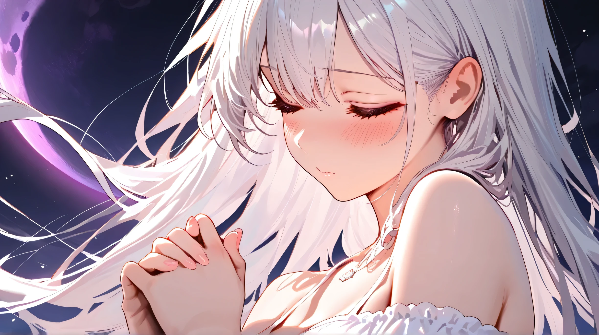 Masterpiece, Best Quality, Top Quality, Very Detailed, 1 girl, The ethereal girls with long, silky white hair and soft pink blush, dressed in shimmering, off-shoulder white dresses that sparkle under the moonlight. She delicate expressions radiating serenity and warmth. A deep purple moon looms in the dark background, casting a mysterious glow over the scene. Her eyes are closed, Her faces gently touching, as if lost in a dream. The atmosphere is soft, dreamlike, and otherworldly, painted in a semi-realistic anime style with painterly strokes and delicate lighting.