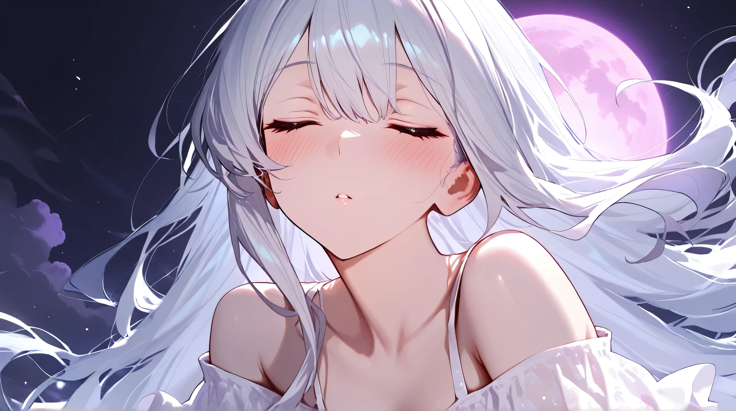 Masterpiece, Best Quality, Top Quality, Very Detailed, 1 girl, The ethereal girls with long, silky white hair and soft pink blush, dressed in shimmering, off-shoulder white dresses that sparkle under the moonlight. She delicate expressions radiating serenity and warmth. A deep purple moon looms in the dark background, casting a mysterious glow over the scene. Her eyes are closed, Her faces gently touching, as if lost in a dream. The atmosphere is soft, dreamlike, and otherworldly, painted in a semi-realistic anime style with painterly strokes and delicate lighting.