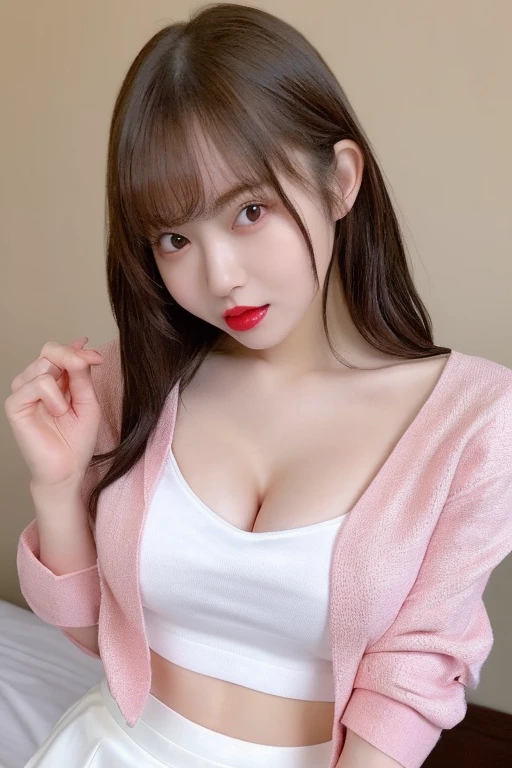randome pose、top-quality、超A high resolution、(Photorealsitic:1.5)、1人、Red sweater、(Brown hair:1.2)、(huge-breasted:1.2)、Classroom、looking at viewert、a closeup、full body Esbian、Nasty eyes