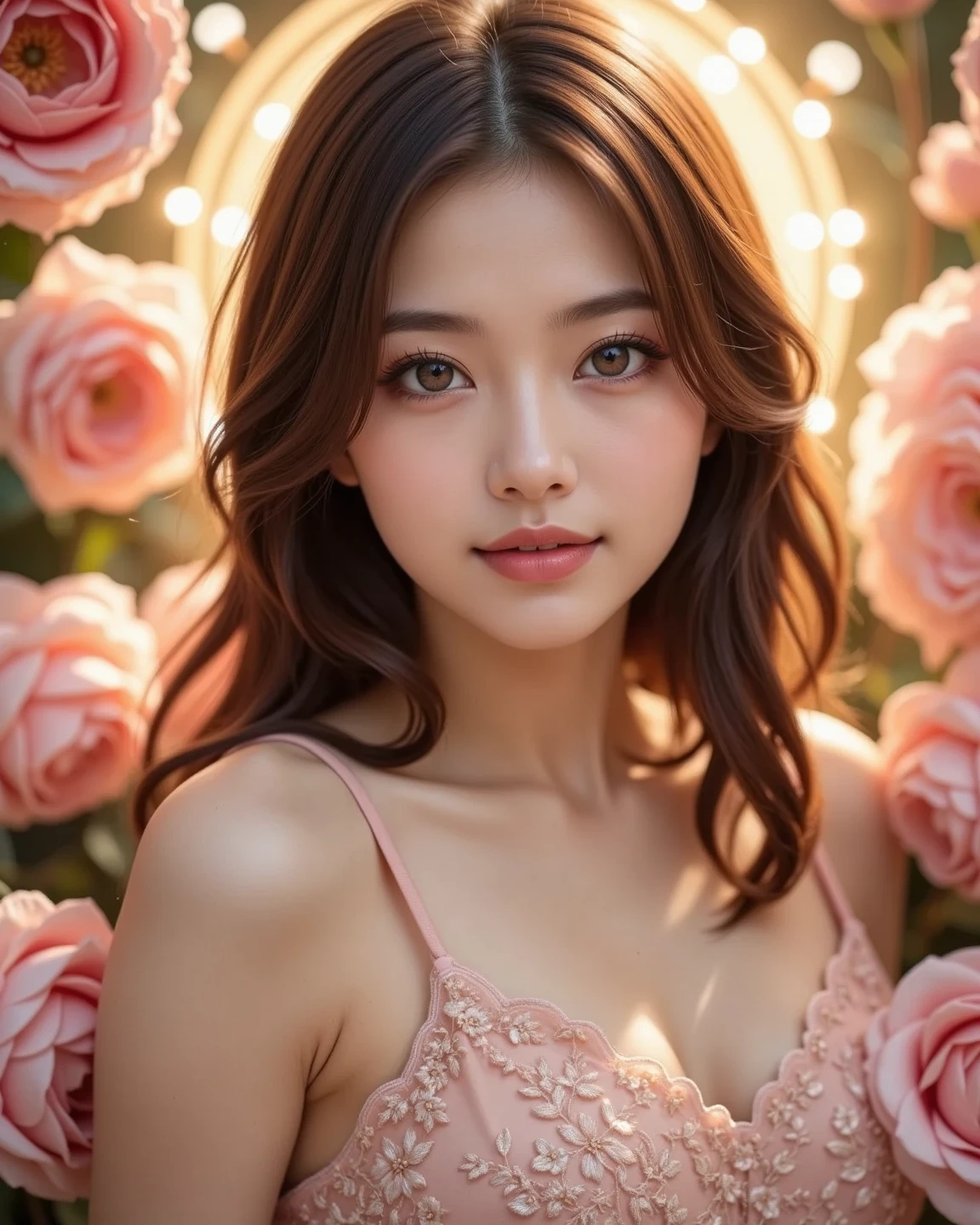 Feminine, high detail and quality, 8K Ultra HD, 3D, beautiful woman, plump, night, mysterious rose, fashion magazine cover, seamless pattern, neutral pastel colors, mysterious off-white world, fabric art, art station, (a large number of detailed designs in pastel style that combine magic and fantasy), splashes, wallpaper design aesthetics, white tones, realistic, super realistic, full color and impressive.