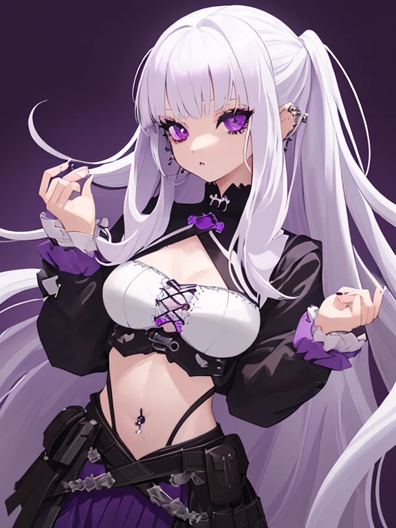 Holding legs Lying on back Piledriver Submissive Light purple hair Twin tails Gothic Girl Black Costume Belt on torso Japanese anime hand-drawn illustration