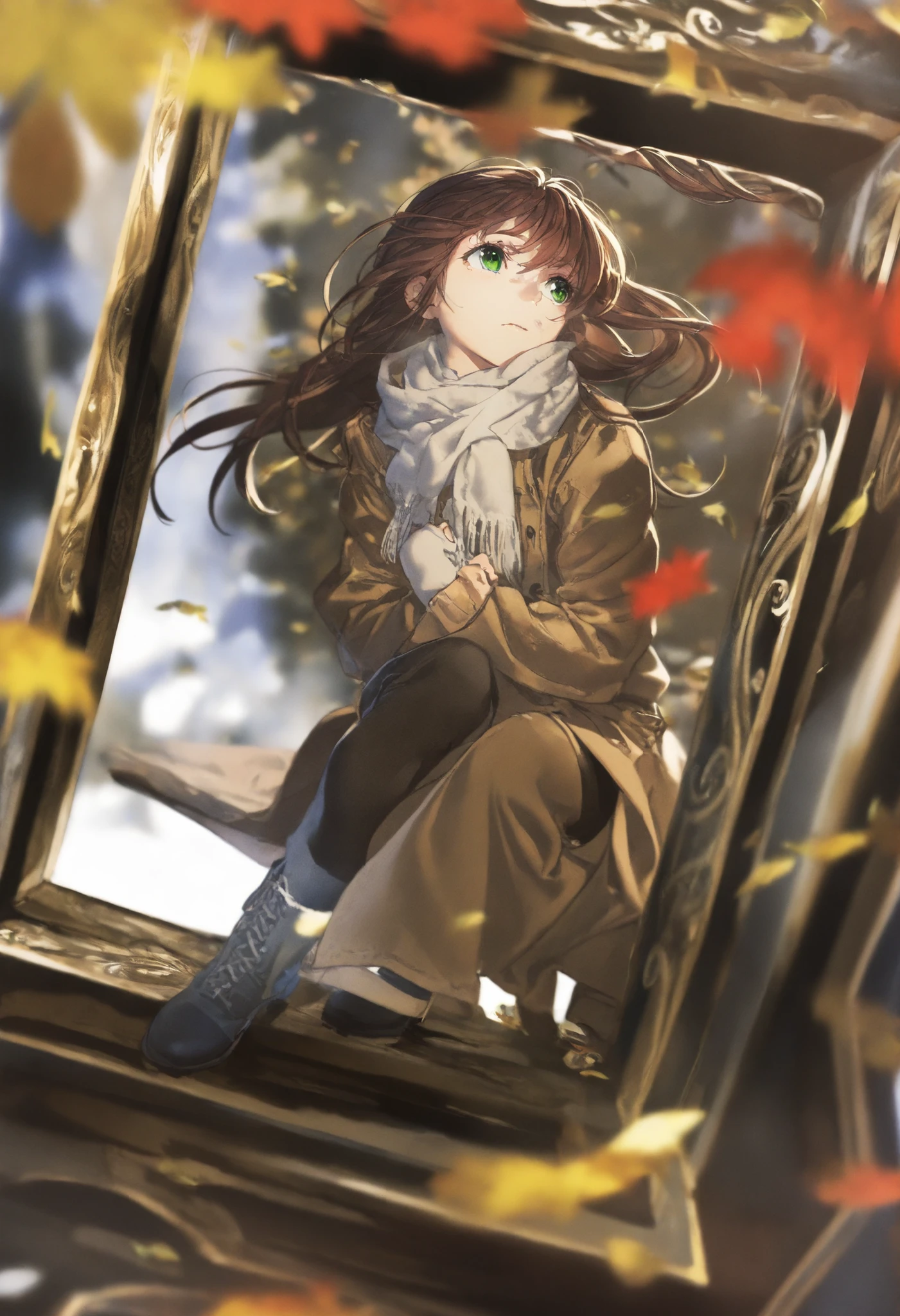 
(Autumn soft layer),(alone),1 Girl\(long brown hair, cute, Fall Clothing, scarf, coat, boots, Pinching leaves\(shines in the sun),full body,looking away\\),(From the side:1.5), Long Shot, (Simple white background:1.5), rest ,quality\( masterpiece, best quality, 8,000,极其精细的CG单元wallpaper, high resolution, top-quality, top-quality real texture skin, Ultra-realistic, 提high resolution, Unprocessed Photo, best quality, Highly Detailed, wallpaper, golden ratio ,Highly saturated, bright colors, dramatic lighting, Persuasive storytelling, atmospheric scenery, stunning visual effects, intricate details,  Strong Feelings ,Dream World\),green eyes

