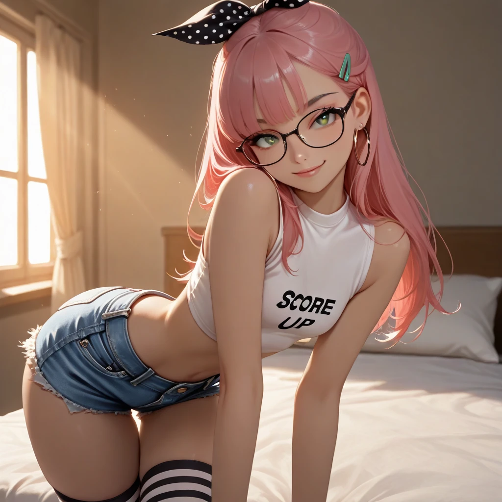 (masterpiece, best quality), 1girl, small breasts, small hips, green eyes, pink hair, crop top, denim shorts, bedroom, striped thighhighs, pervert, petite, glasses,