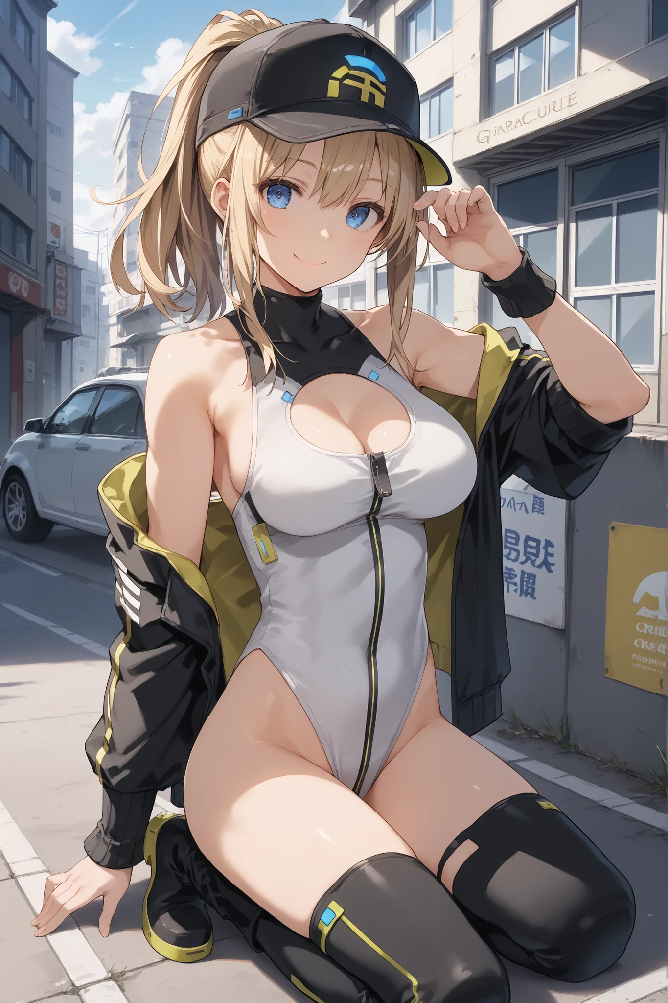 score_9, score_8_up, score_7_up, source_anime, rating_safe, 1girl,o, young,Alone, compAF, Shoulders, kneel, lower back with a cap, smile,large_breasts,outdoor,old_building_shutter_background,girl_on_parking,ponytail,smile,blue_eyes,large_eyes,blond_hair,black_thighhigh_boots,sitting, gravure_posing,(abs:0.2),(covered_nipples:0.2) , (pectineus_muscle:0.2),open_legs
