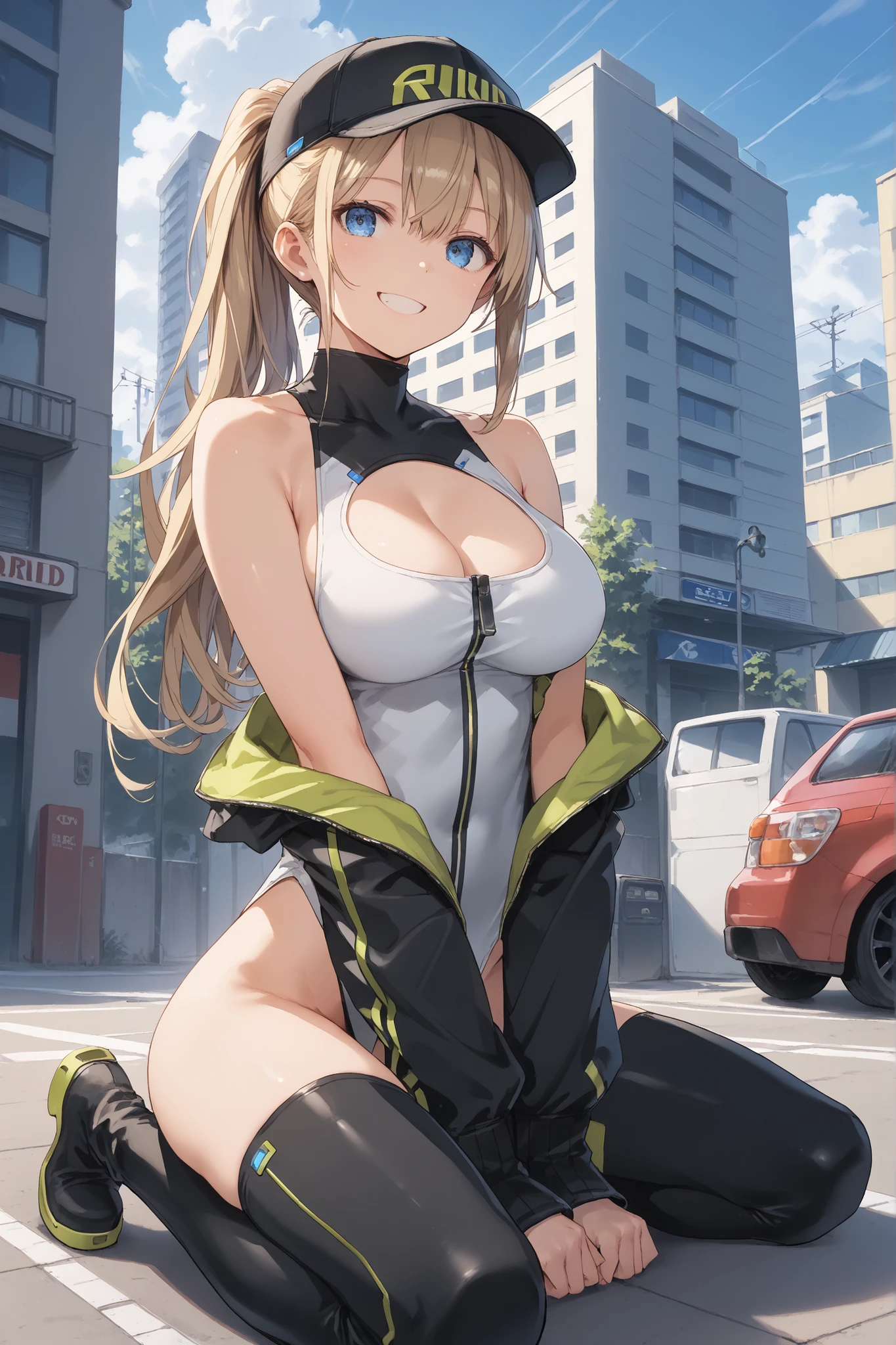 (((best quality))), (((high resolution))), (((masterpiece))), ((ultra-detailed)), (illustration), ((an extremely delicate and beautiful)), ((super detail)), (((20 years old))), ((adult)), (((tall))), gleaming skin, shiny body, breast focus, (((ultra-huge breasts))), elegant smile, ((big round eyes)), cute eyes, drooping eyes, two hands, five fingers, no extra hands, two legs, slender legs, ((biopunk)), ((metallic cloth)), (android), gynoid, delicate metal decorations, (medium length hair), (hair shorter than shoulder), braid, (see-through), mini skirt, ((midriff-baring outfit)), (shining brightly), outdoor, daytime, city, (dark blond), (cheerleader), ((metallic blue)), (metallic shining competition bikini), (spread legs), (arms behind head), camel toe, (sit with legs stretched out), (((sfw))), ((wink)),