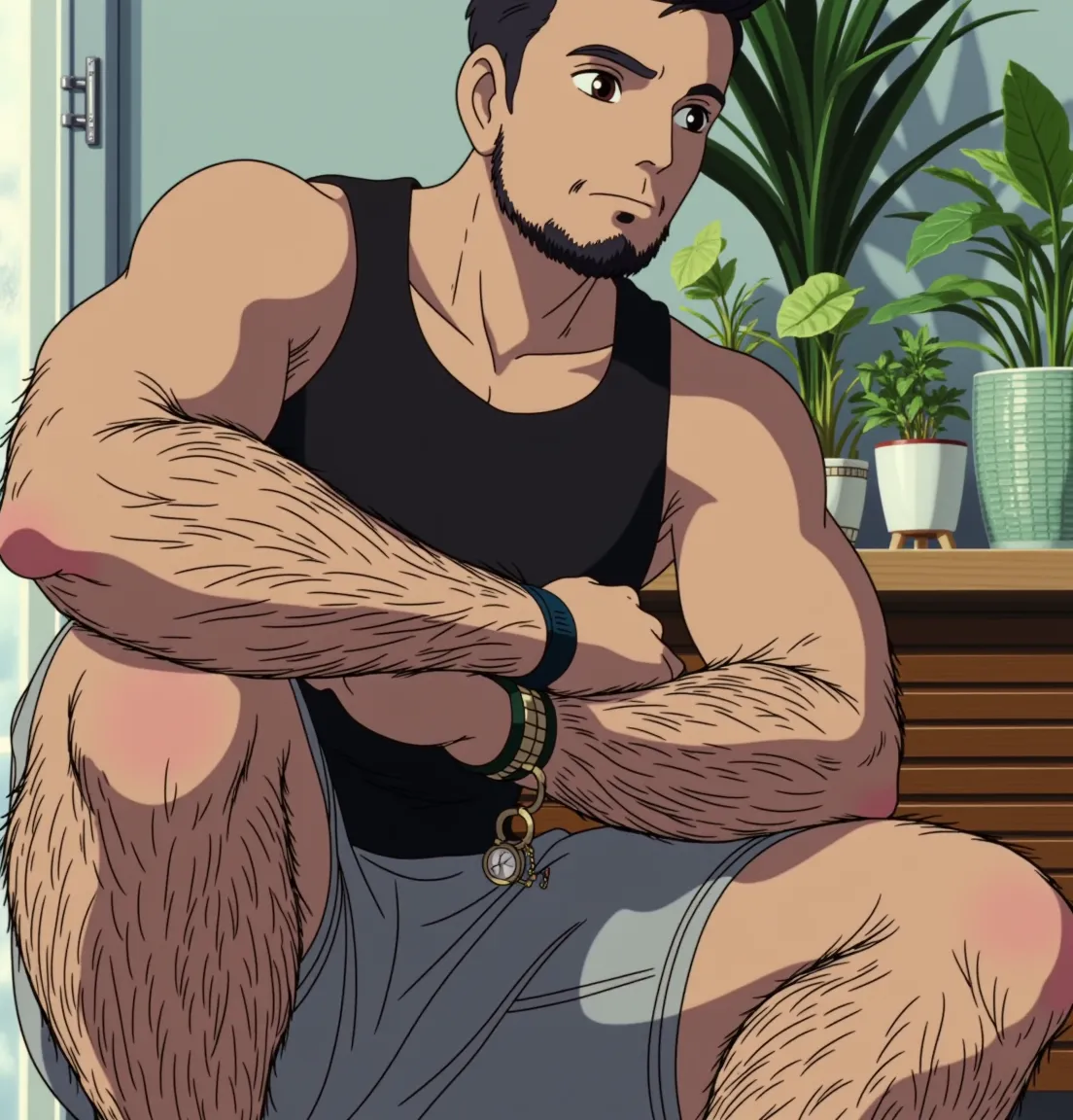 Man comes home from work tired and sweaty, He takes off his shirt and sits on the couch panting while putting his stinky, sweaty feet on the table without a belt, revealing hair sticking out of him while his hands are behind his head, exposing her sweaty and stinky armpits. hairy sweaty black hair robust muscular a little tanned black pants shirtless hair on his chest protruding from his member also long hair on his legs veins on his hands and feet hair in his armpits stinky and sweaty face of relaxation and excitement