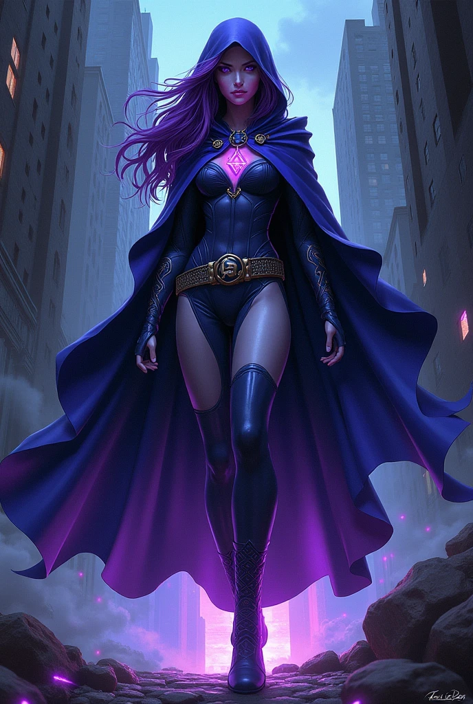 A beautiful super powered villainess with purple and blue hair and glossy red lips. Her eyes are emanating red energy with barely contained power and rage. She is wearing a skintight blue and black full sleeve microdress and black mid calf high boots. Floating over the still burning ruins of the Hall of Justice.