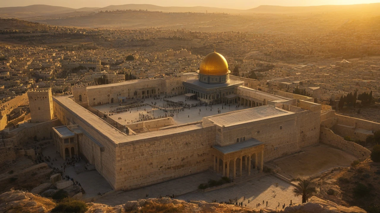 Aerial view of a 1st century Jewish Temple consisting of a light grey central building and a large gate, At the top there are some golden points and figures, surrounded by a low wall, And all this in the middle of an esplanade surrounded on all four sides by walls and columns.
