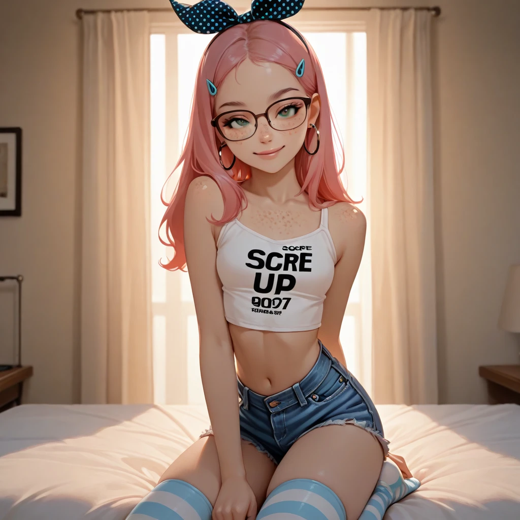 big breasts, 1girl, ((long pink+red-colored hair)) wearing a cap ((25 year old girl)) light blue eyes, has an extremely sexy body, with full breasts and a thin waist, and an extremely sexy body, in the HIP HOP style short denim jacket micro skirt delicate fabric, has a bold appearance. young, quality, realistic, best quality, cute expression, blue lipstick lips, parted lips, leaning over, graffiti wall, in the bedroom