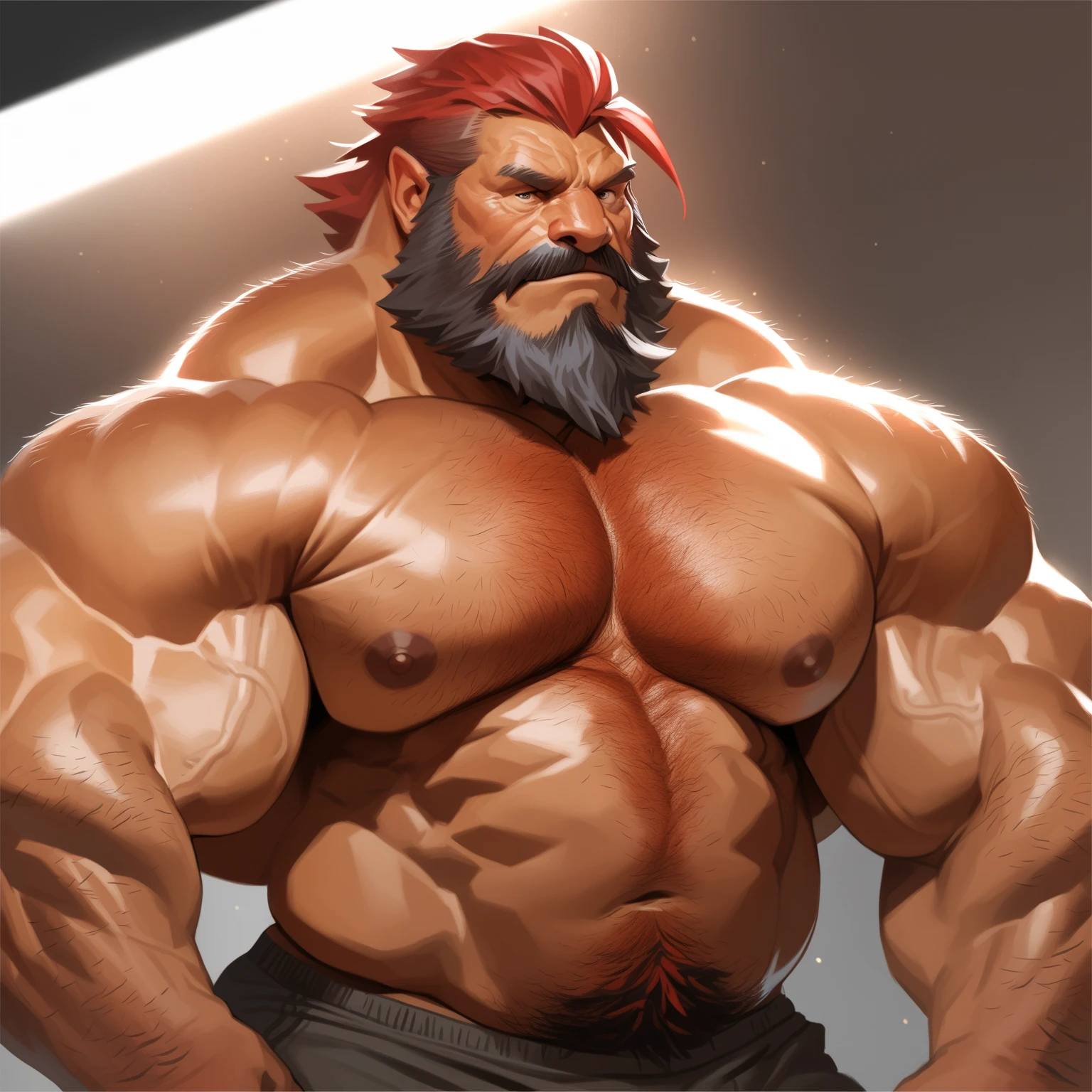 solo, 1boy, perfect anatomy, perfect proportion. Huge Muscular Old man white fundoshi, view from side, pectoral, thick arms, huge pectoral, wide pectoral, short white hair, red beard and hair, simple background, masterpiece, semirealistic:1.2, high detailed, 8k, high resolution, perfect center, full view. ((really big muscle, massive muscular, sixpack, thick arms, wide pectoral, super huge muscle, hyper muscular, over sized muscle, huge arms, big arms, huge pectoral))