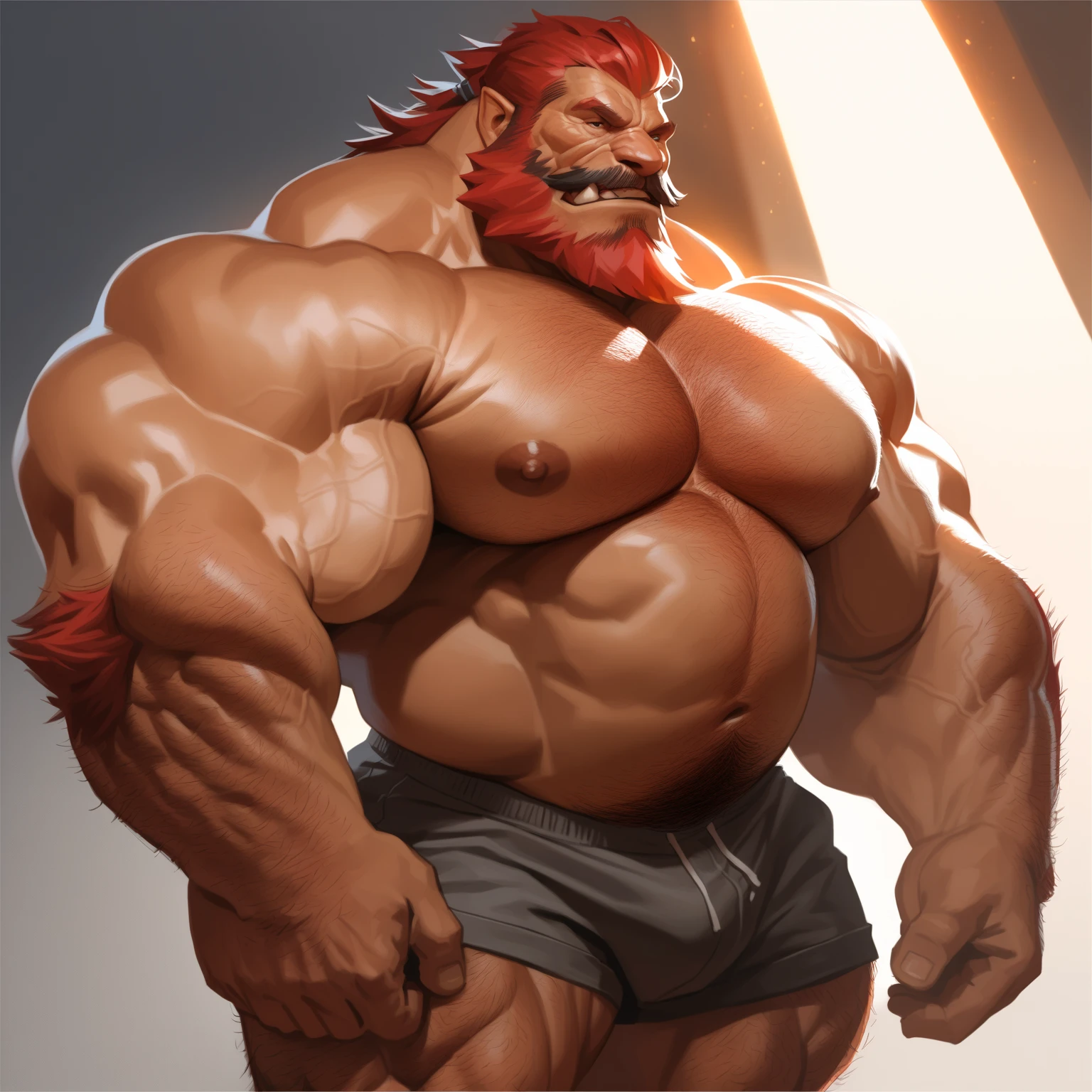 old male, Viking, Father, An old face, Blue eyes, a big nose, short stature, Age 60 years, strong, thick, big belly, big breasts, large red beard braided, густые red body hair, red body hair, thick body hair, thick belly hair, thick red hair on balls, thick red hair on arms, thick red hair on legs, a lot of tattoos on the body, chest tattoos, hand tattoos, Tattoos on the abdomen, naked, in sauna, hot, sweaty, small,