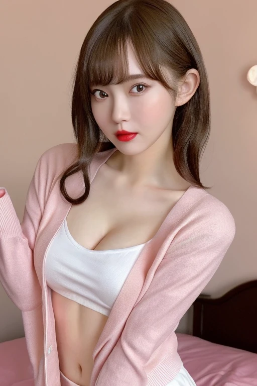1girl in、huge tit、cleavage of the breast、Long hair with a perm、sullenness、kawaii、a japanese girl、Wearing a pink Yokosuka jumper、Bad Fashion、A sexy、